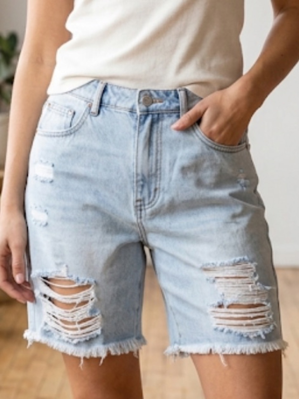 RSQ Distressed Boyfriend Denim Shorts - Light Blue